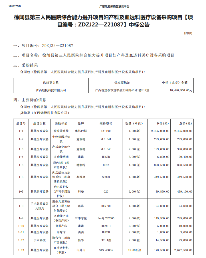 徐聞縣第三人民醫院綜合能力提升項目婦產科及血透科醫療設備采購項目【項 目編號：ZDZJ22—Z21087】中標公告(圖1)